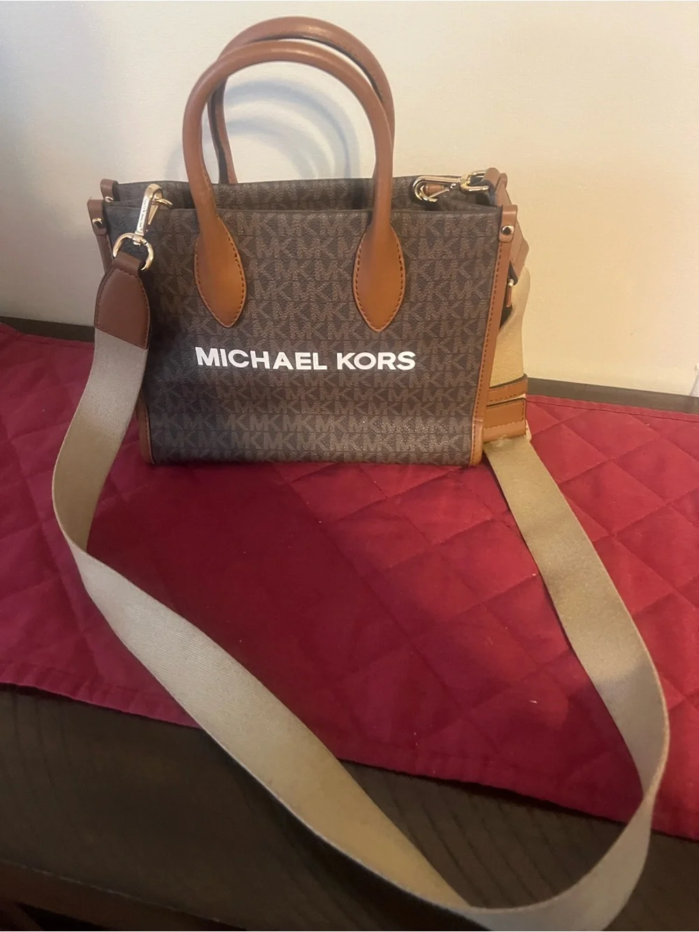 Michael Kors Brown Logo Crossbody with Tan Trim and Beige Strap